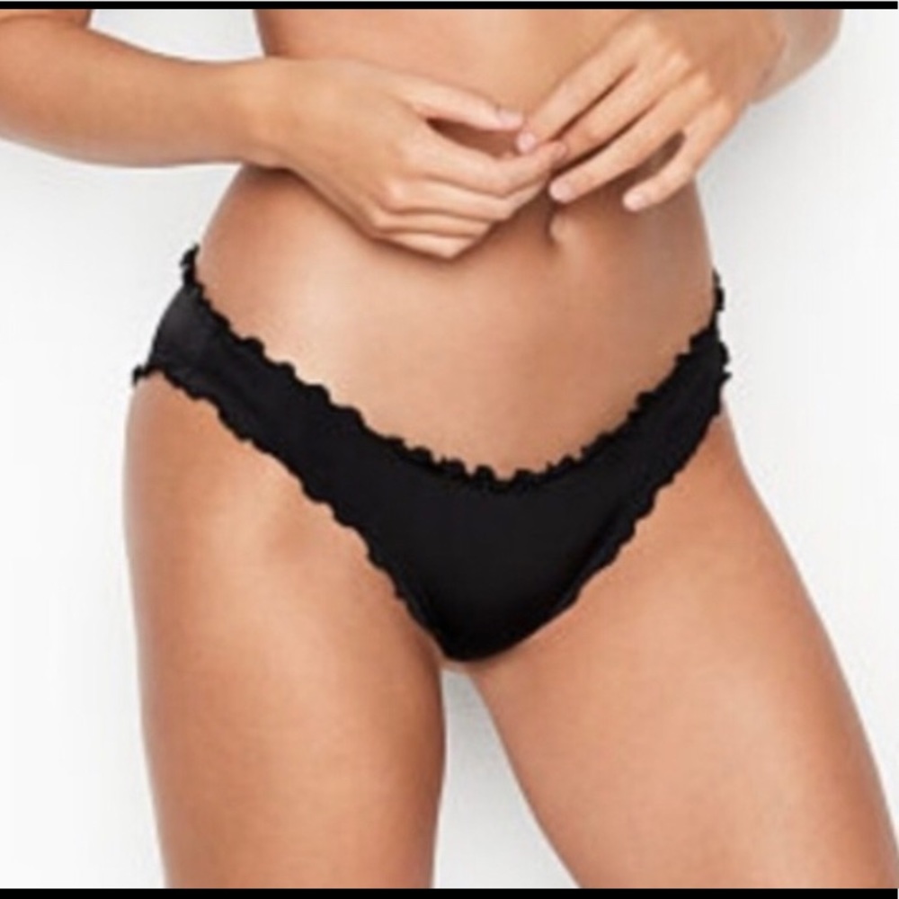 vs pink cheeky black ruffled bikini bottoms
